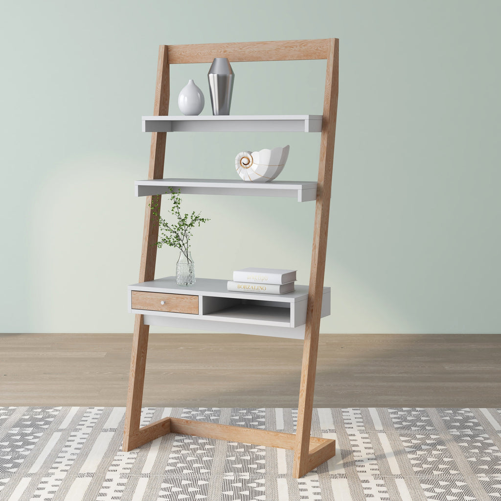 70" Tall Angled Ladder Desk Weathered White Walnut Oak Finish X6446