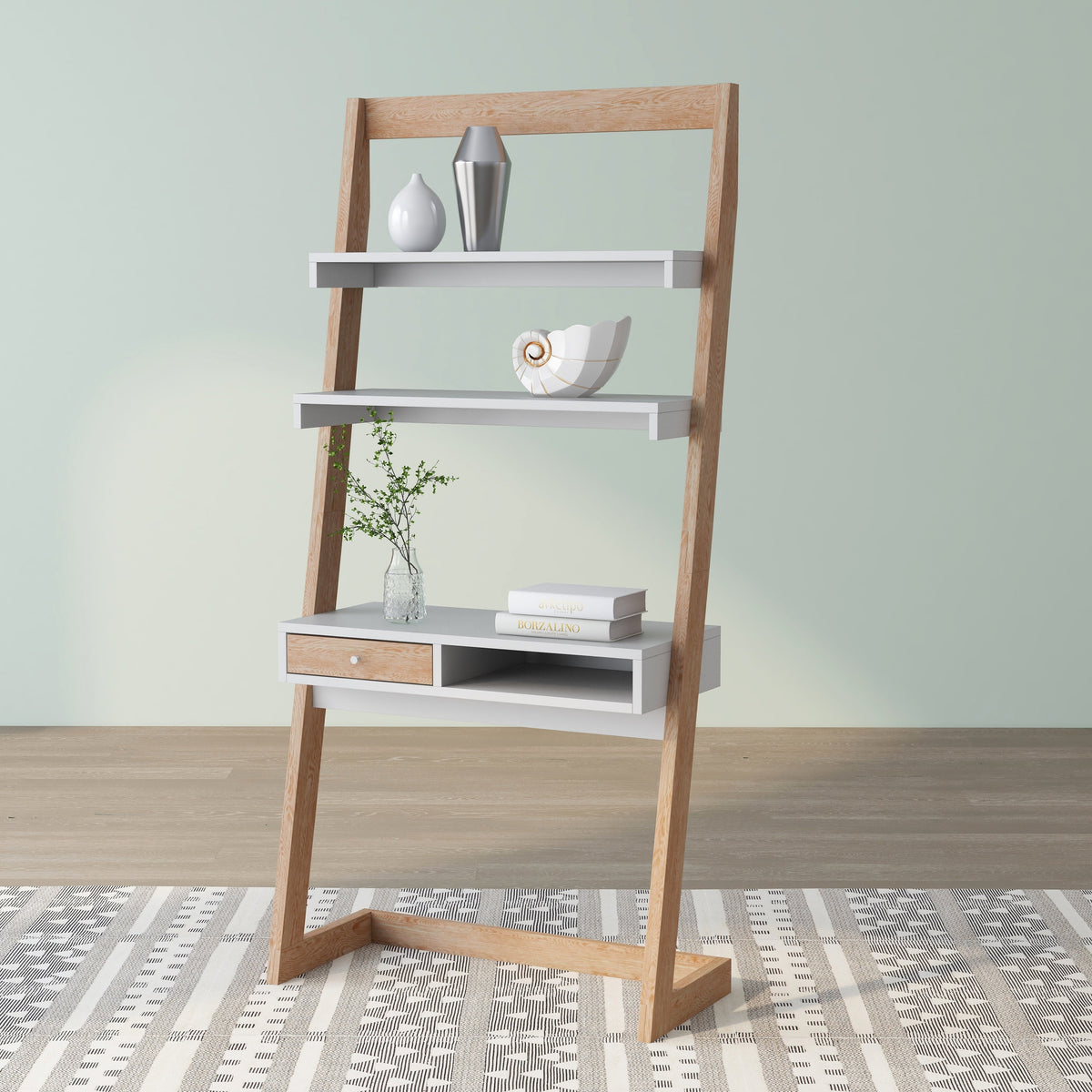 70" Tall Angled Ladder Desk Weathered White Walnut Oak Finish X6446