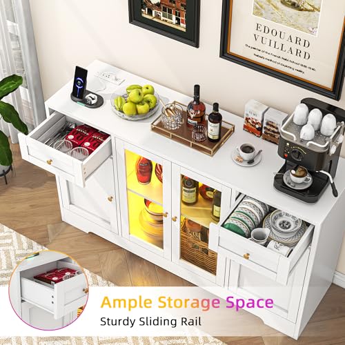 55'' Wood Coffee Bar Cabinet with 4 Doors and Charging Station L595