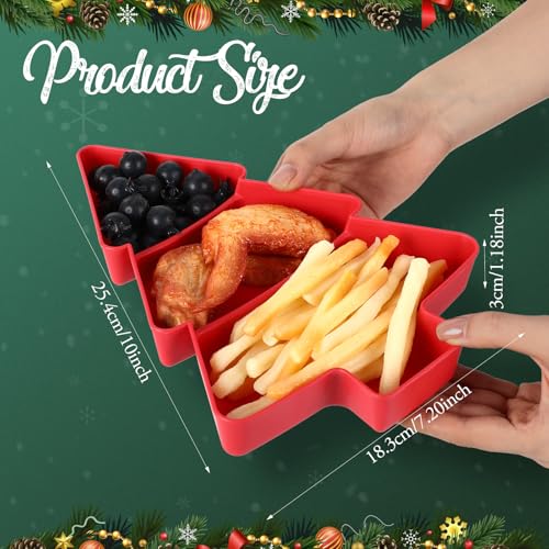 6 Pcs Christmas Tree Shape Serving Tray Platter Red and Green Plastic 3 Grids Dishes with Bag and Ribbon Y142