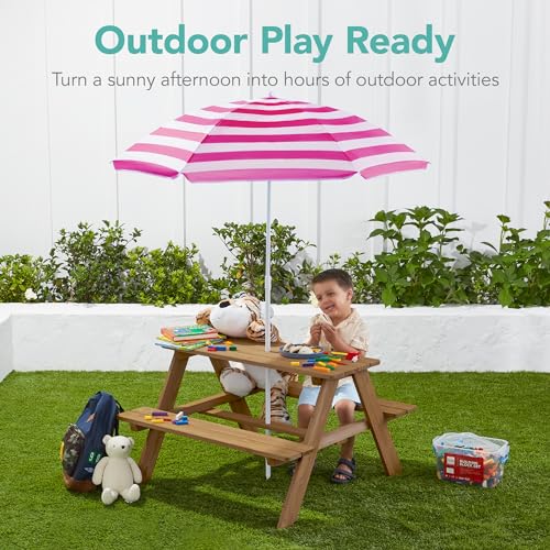 Kids Wooden Picnic Table with Umbrella and Built-in Seats N1279