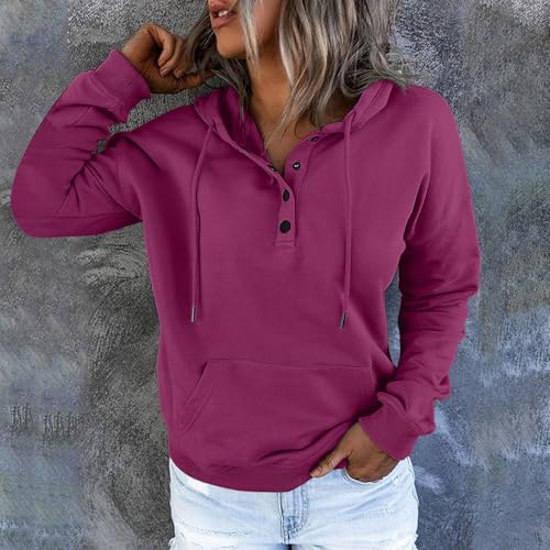 Long Sleeve Button V Neck Drawstring Pullover Hoodie K87271