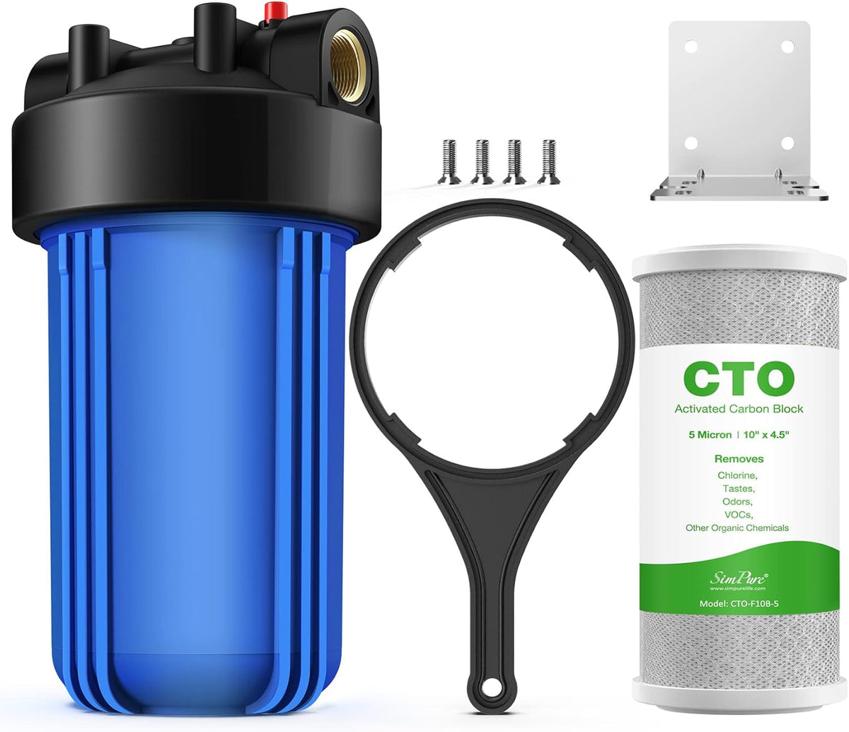 10 inch Whole House Water Filter Housing, 10 x 4.5 Sediment Carbon Cartridge Universal Housing, 1 NPT Port, Pressure Release, Pack of 2 E6076