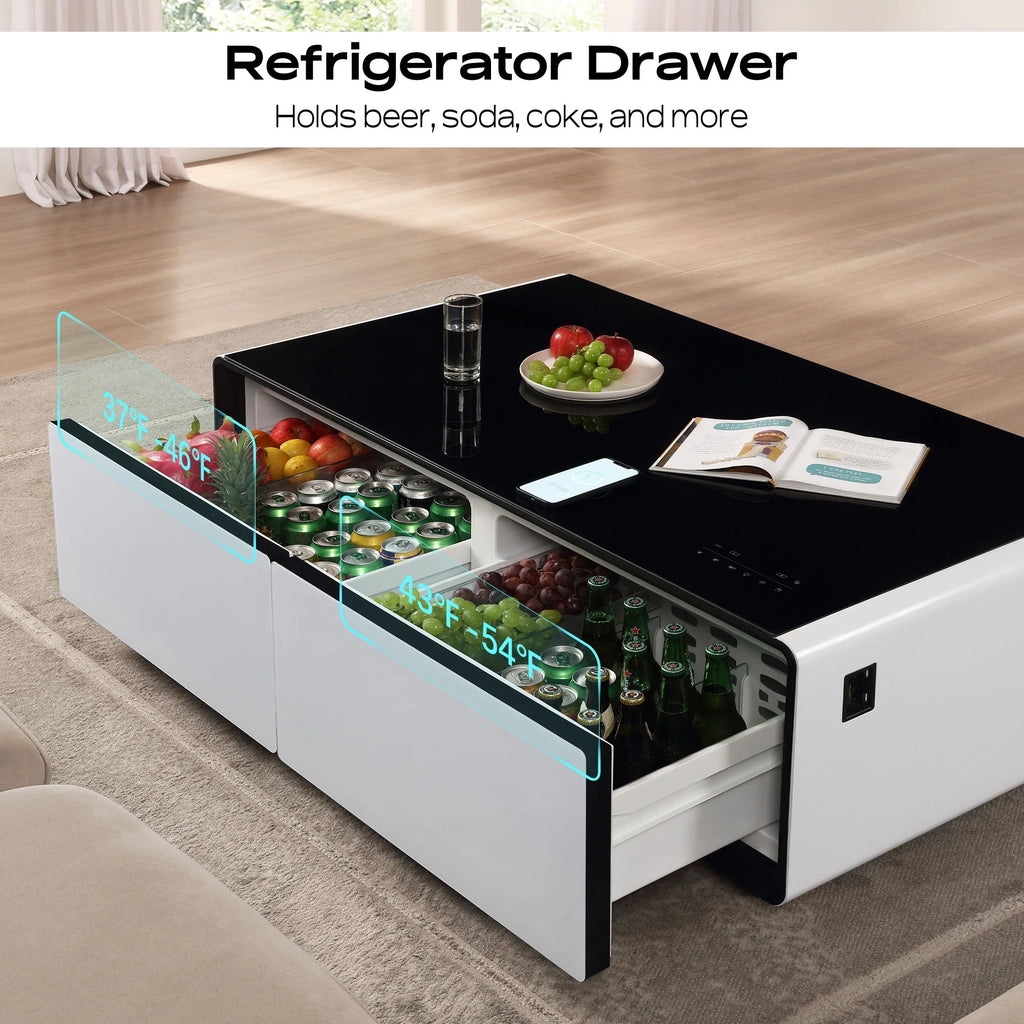 White Smart Coffee Table with Fridge and Bluetooth Speakers K308