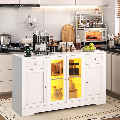 55'' Wood Coffee Bar Cabinet with 4 Doors and Charging Station L595