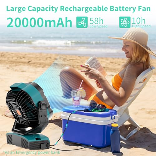 20000mAh Oscillating Portable Rechargeable Camping Fan with Light Hook F751