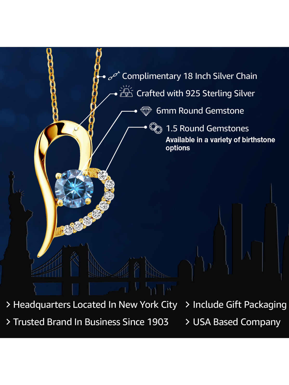 18K Yellow Gold Plated Silver Persian Blue Moissanite Heart Shape Pendant Necklace with 18 inch Chain E21049