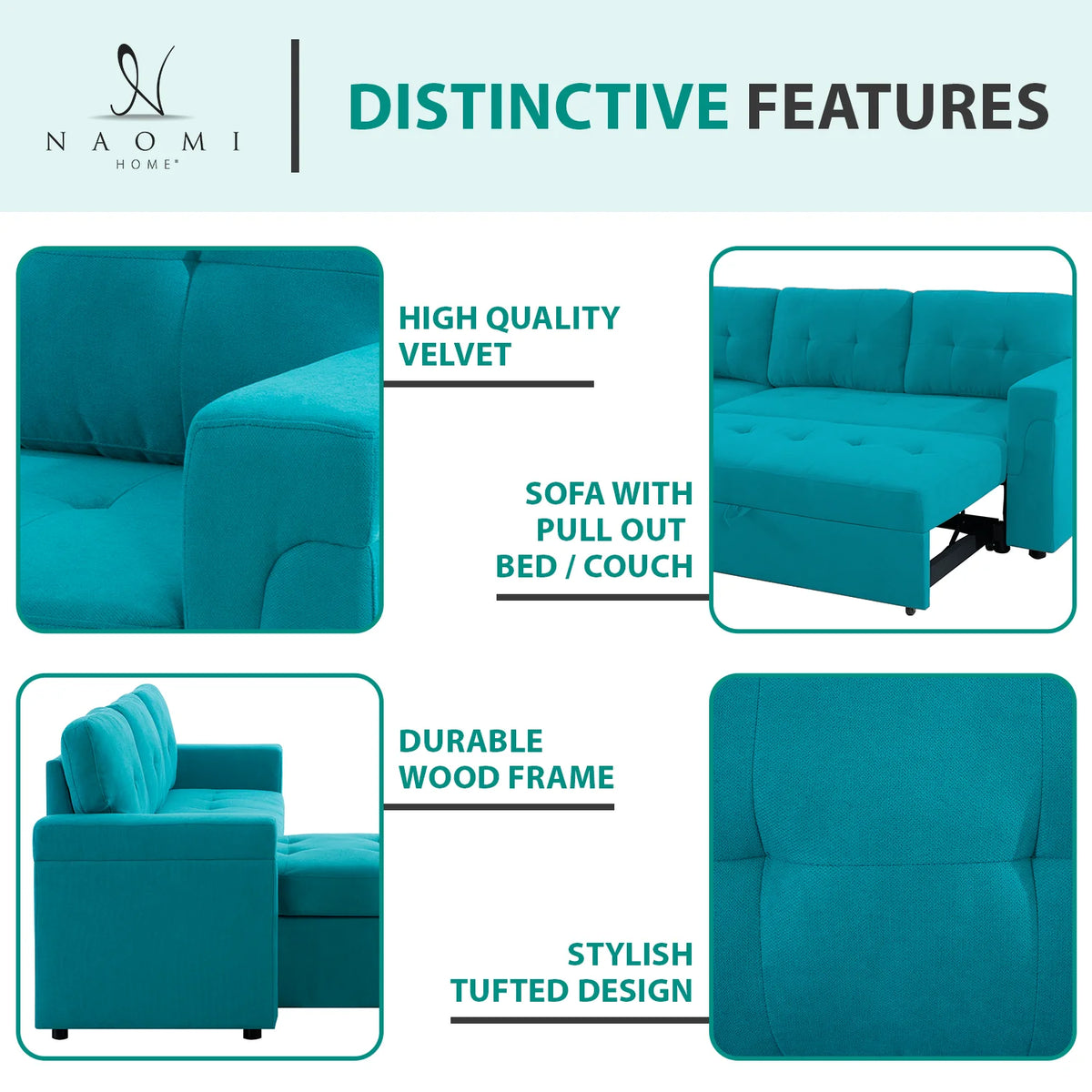 Teal Velvet Reversible Sleeper Sectional Sofa V491