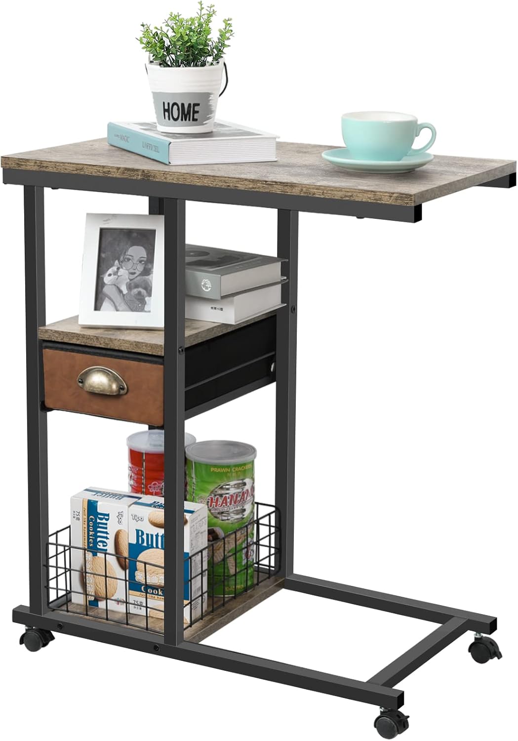 C Shaped Couch Side Table with Drawer, Rolling Bedside Desk C401963