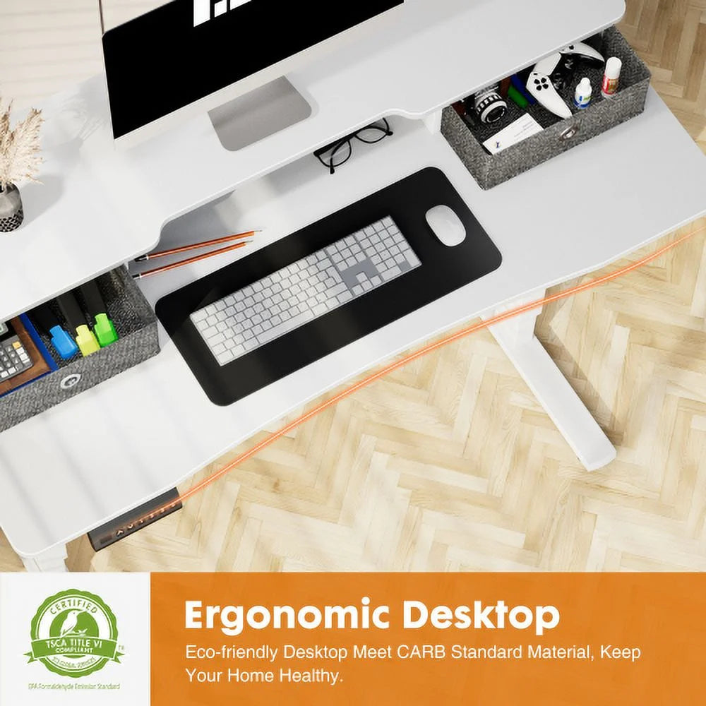 Height Adjustable Electric Standing Desk with Storage Shelf Double Drawer White X824