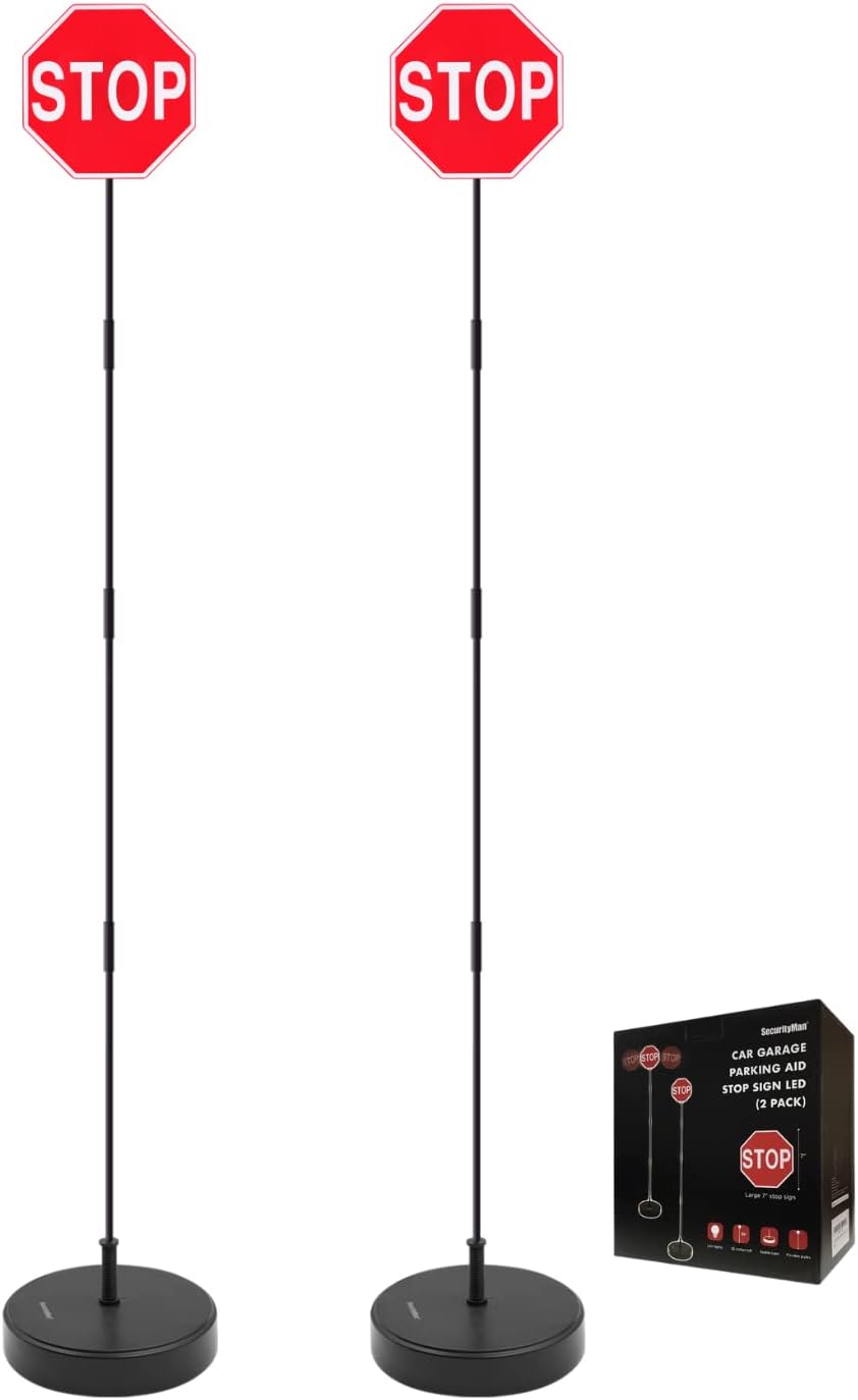 LED Stop Sign for Garage Parking Assist (2 Pack) - Large 7" Sign, Bright Red LEDs, Adjustable Height (Up to 54") N826