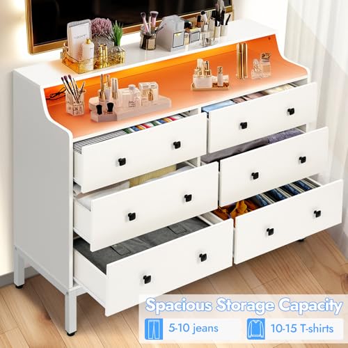 6 Drawer White Wood Dresser with Charging Station K6477