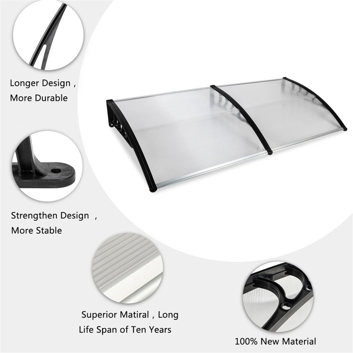 200 x 100 Clear Polycarbonate Rain Cover Eaves with Black ABS Bracket A6950