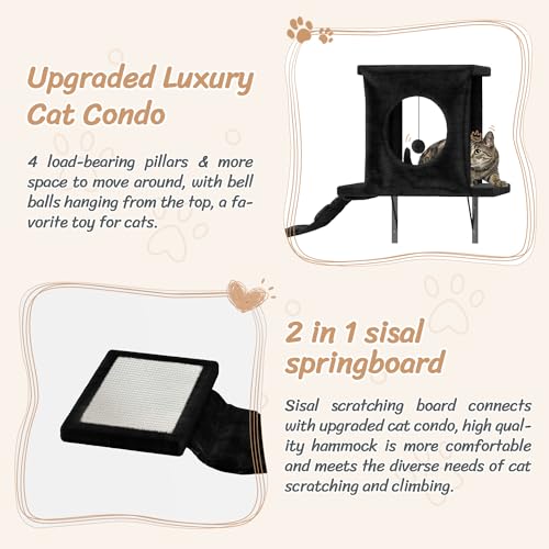 7-in-1 Wall Mounted Cat Climber Set with Cat House, Tunnel, Bridge, Tree, Steps, Scratcher Board and Hammock (Grey) U414