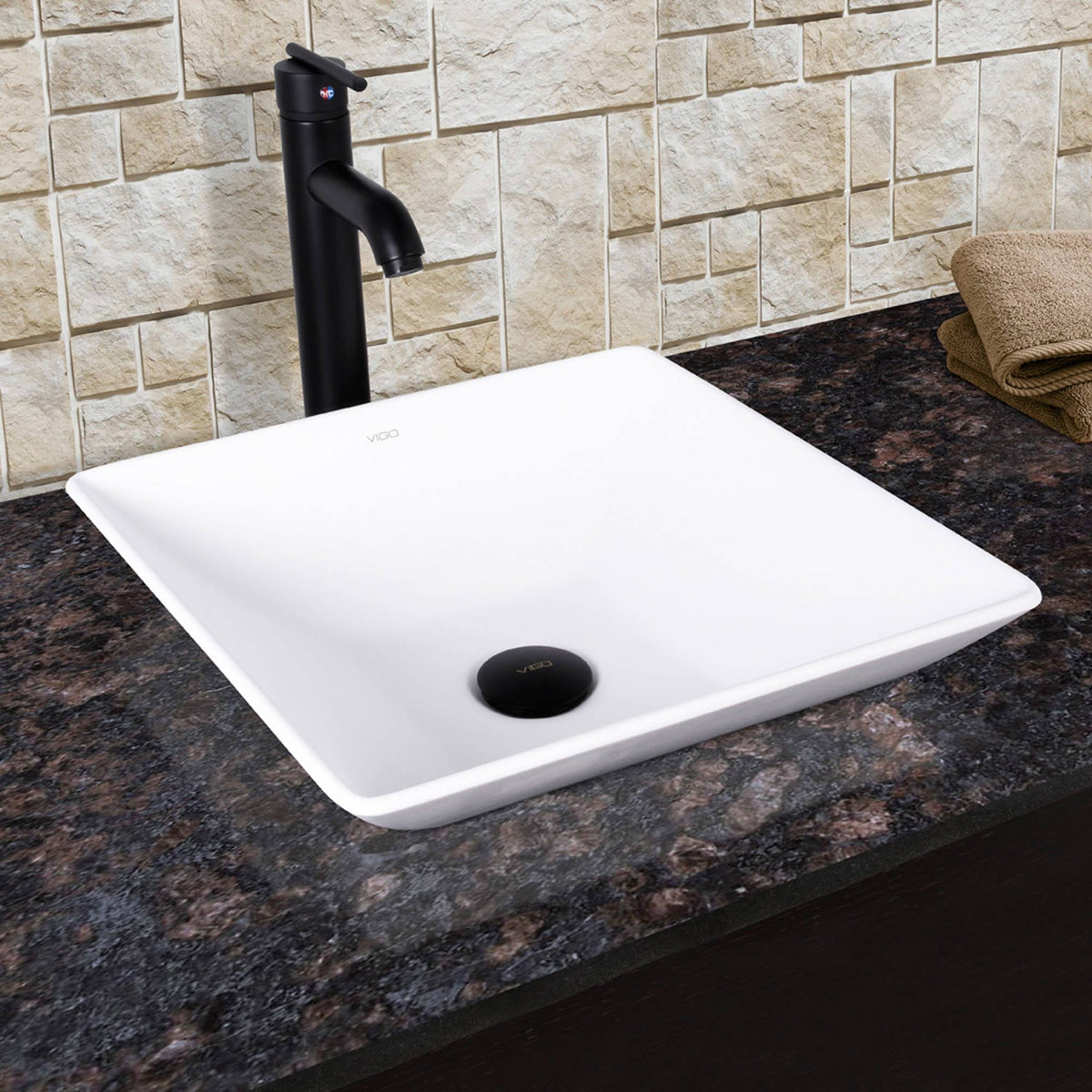 Matte Black Stone Vessel Sink and Bathroom Vessel Faucet V17496