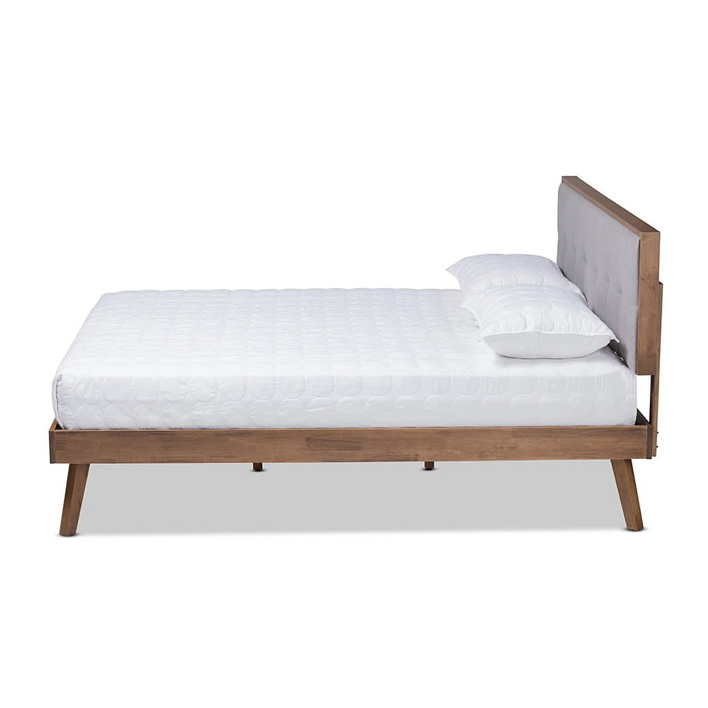Light Grey Fabric Upholstered Walnut Brown Wood Queen Size Platform Bed B95644