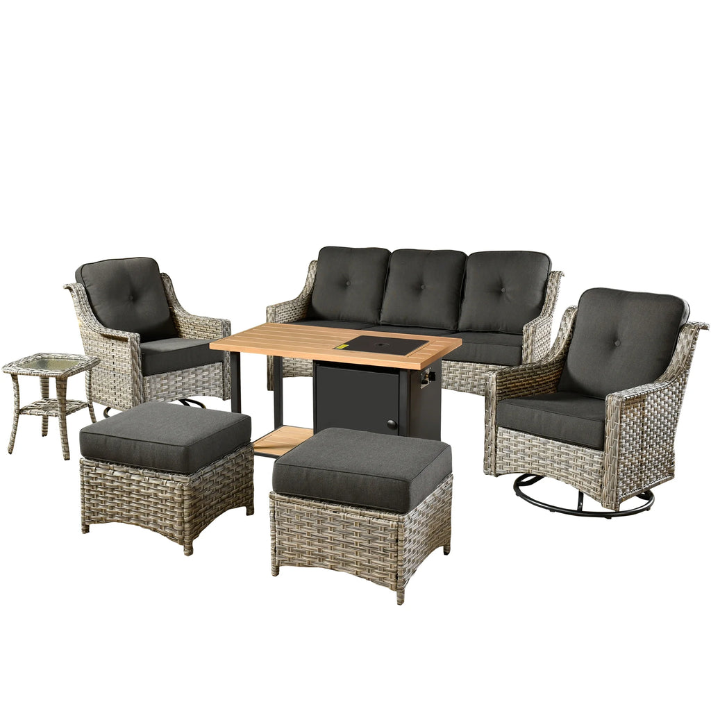 7 Pieces All Weather Wicker Patio Furniture with Fire Pit D26733