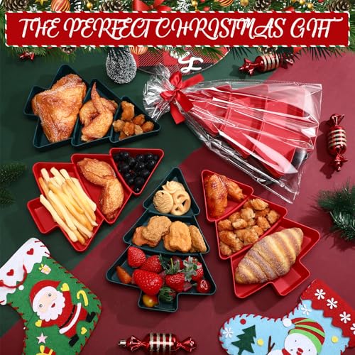 6 Pcs Christmas Tree Shape Serving Tray Platter Red and Green Plastic 3 Grids Dishes with Bag and Ribbon Y142