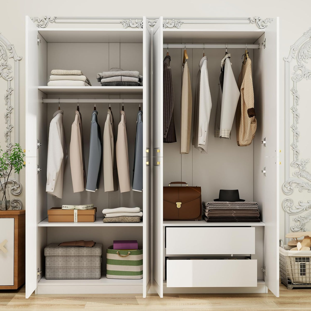 White 4 Door Wood Wardrobe with 2 Drawers B6547