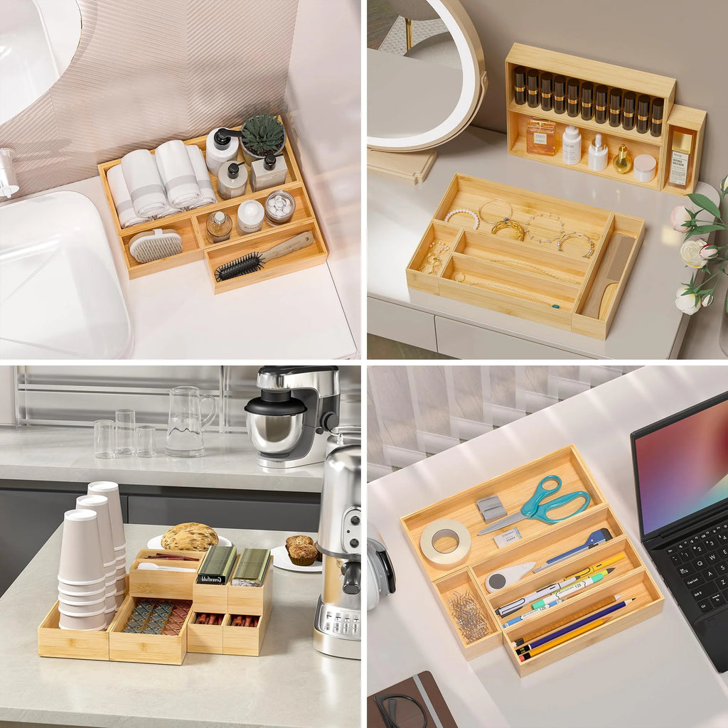 Bamboo Drawer Organizer, Stackable Deep Tray, 15 x 6 x 2.5 Inches, Set of 2, Brown W629