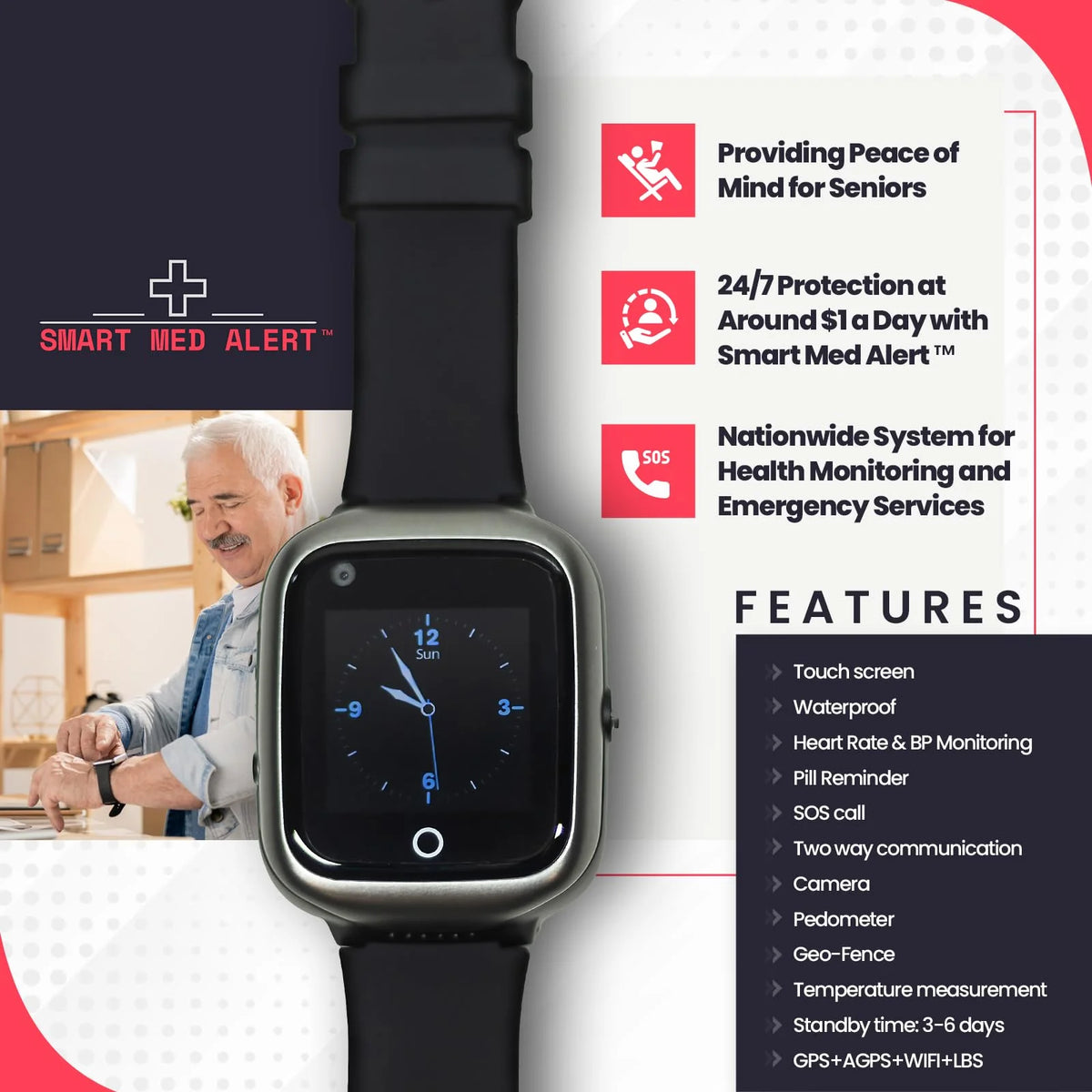 Black Medical Alert Smartwatch D9520
