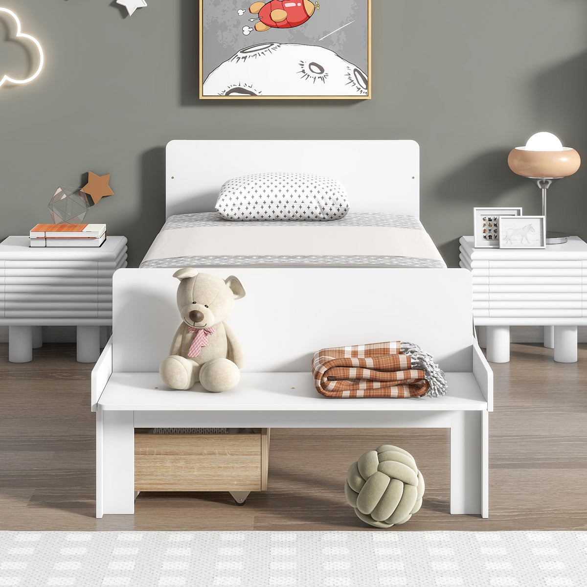 White Twin Size Wood Platform Bed Frame with Headboard and Footboard and 2 Storage Drawers Z787550