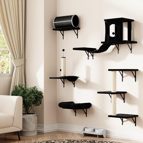 7-in-1 Wall Mounted Cat Climber Set with Cat House, Tunnel, Bridge, Tree, Steps, Scratcher Board and Hammock (Grey) U414