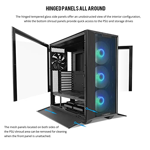 Black E-ATX PC Case with Tempered Glass Doors, Mesh Panels, 4x140mm PWM Fans C7889