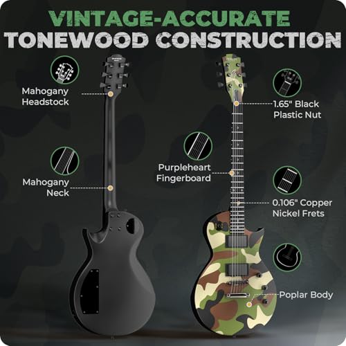 39" Solid Body Electric Guitar with Humbucker Pickups, Poplar Body, Mahogany Neck, 22 Frets, 6 String, Gig Bag, Matte, Camouflage X43135