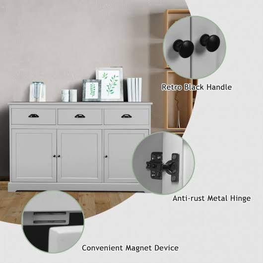 Gray 3 Drawers Sideboard Buffet Storage Cabinet I7500