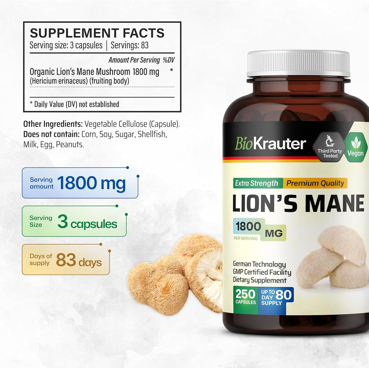 Vegan Organic Lion's Mane Mushroom Supplement Capsules A6234