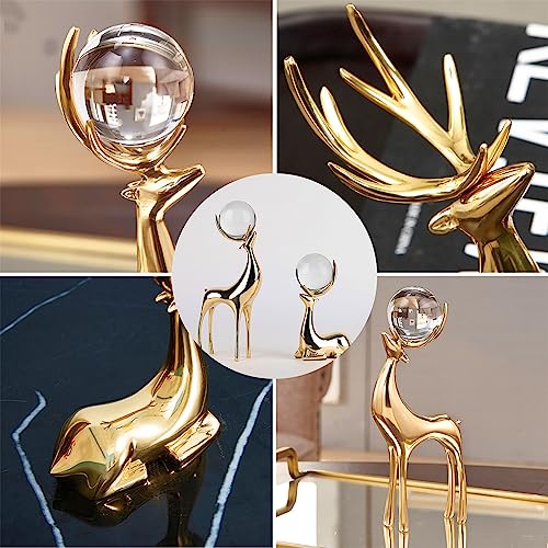 Crystal Ball Reindeer Figurine Statues Set of 2 Copper Reindeer Ornaments U473