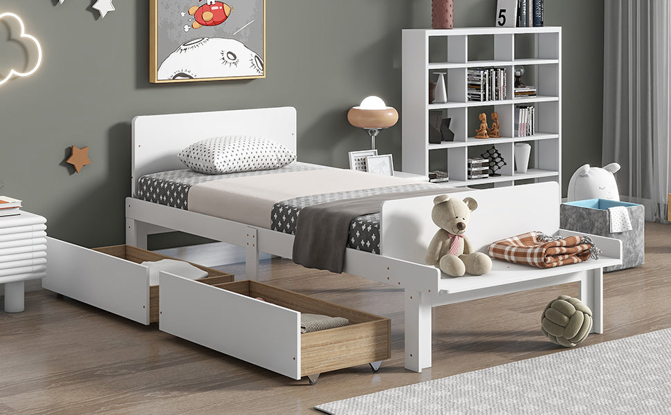 White Twin Size Wood Platform Bed Frame with Headboard and Footboard and 2 Storage Drawers Z787550