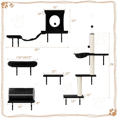 7-in-1 Wall Mounted Cat Climber Set with Cat House, Tunnel, Bridge, Tree, Steps, Scratcher Board and Hammock (Grey) U414