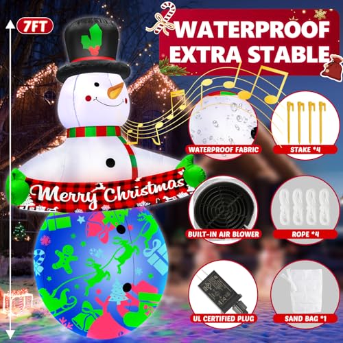 7FT Christmas Inflatables Snowman with Built-in Music & 360° Rotation Colorful Projector LED Light B220470