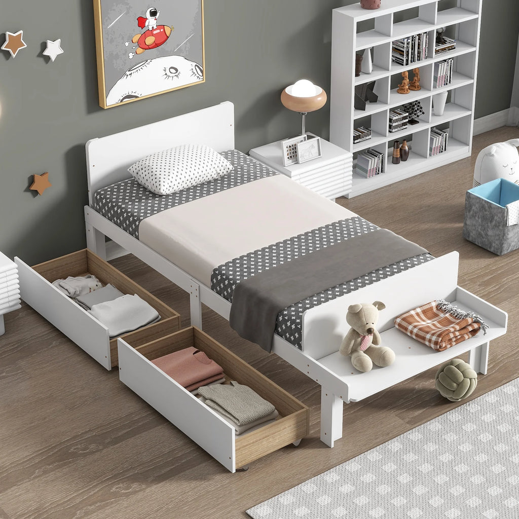 White Twin Size Wood Platform Bed Frame with Headboard and Footboard and 2 Storage Drawers Z787550