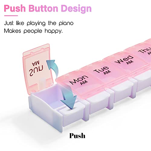 Large 7 Day Pill Organizer 2 Times a Day, AM PM Pill Box, 14 Dividers Vitamin Holder with Push Button M126