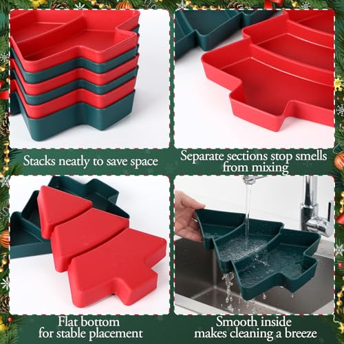 6 Pcs Christmas Tree Shape Serving Tray Platter Red and Green Plastic 3 Grids Dishes with Bag and Ribbon Y142