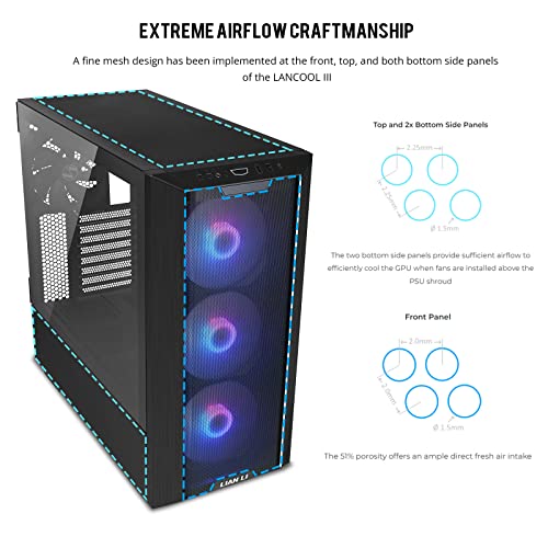 Black E-ATX PC Case with Tempered Glass Doors, Mesh Panels, 4x140mm PWM Fans C7889