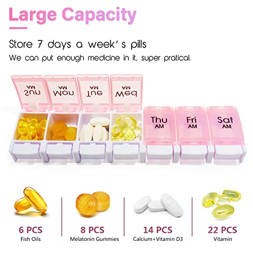 Large 7 Day Pill Organizer 2 Times a Day, AM PM Pill Box, 14 Dividers Vitamin Holder with Push Button M126