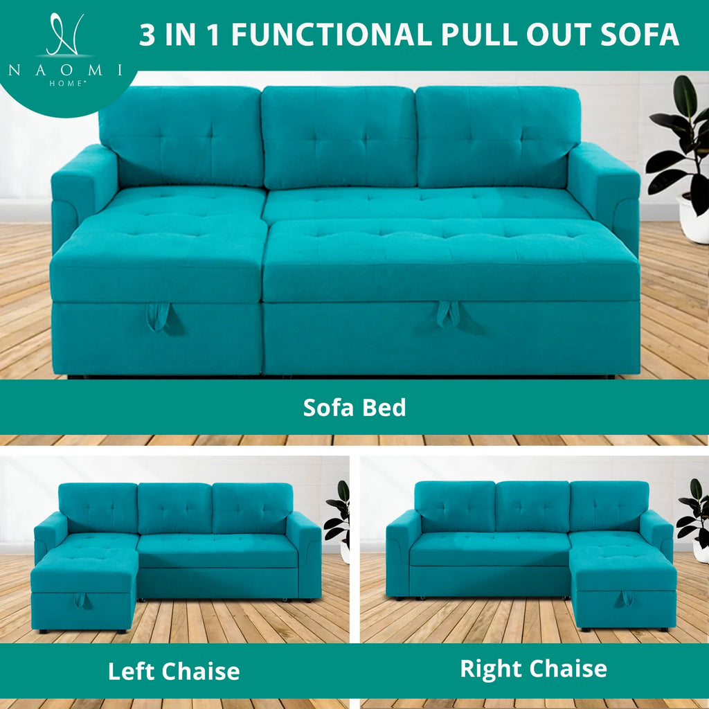 Teal Velvet Reversible Sleeper Sectional Sofa V491