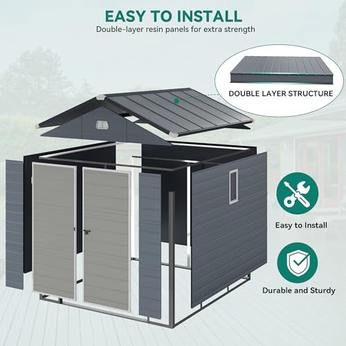 8x6.2FT All-Weather Plastic Outdoor Storage Shed with Lockable Doors T99734