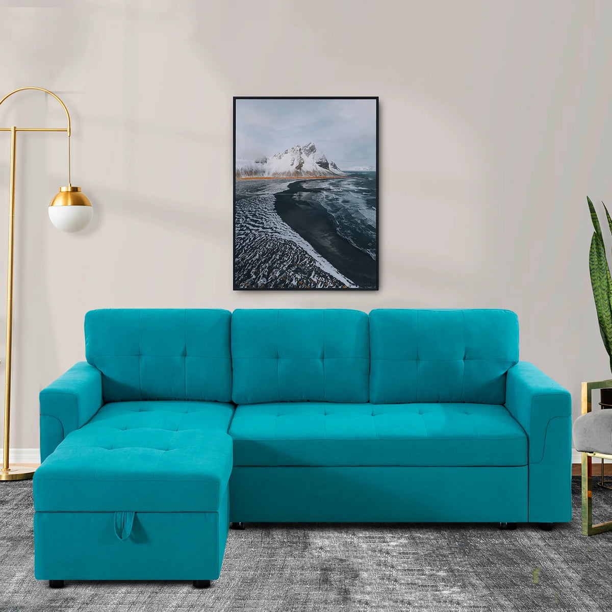 Teal Velvet Reversible Sleeper Sectional Sofa V491