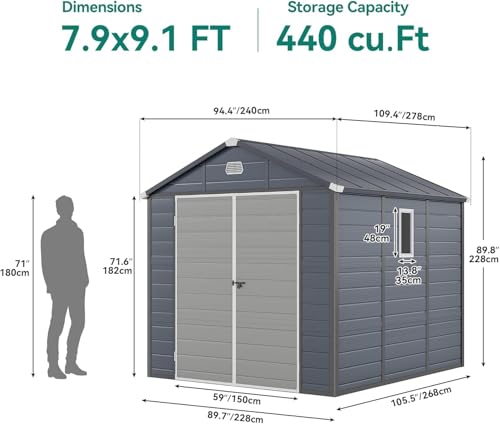 8x6.2FT All-Weather Plastic Outdoor Storage Shed with Lockable Doors T99734