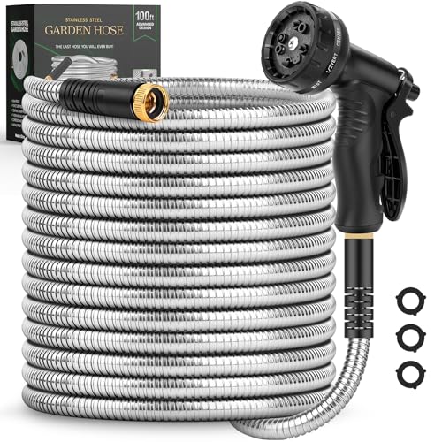 50 FT Stainless Steel Garden Hose with 10 Function Nozzle S66495