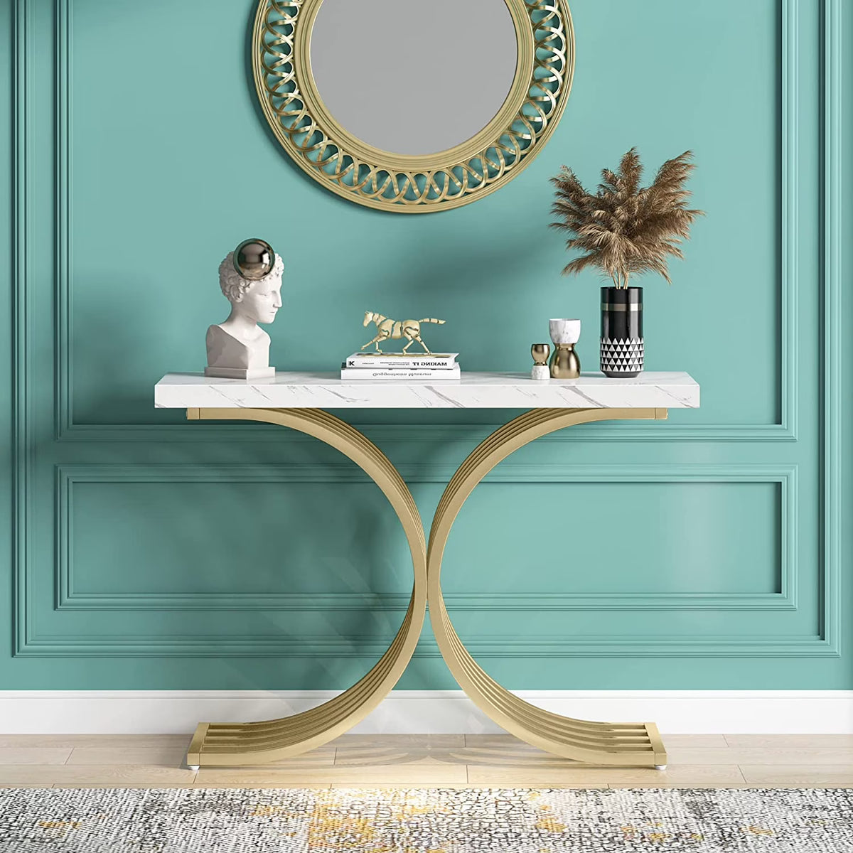 Console Table with Gold Metal Base and Faux Marble Z43819