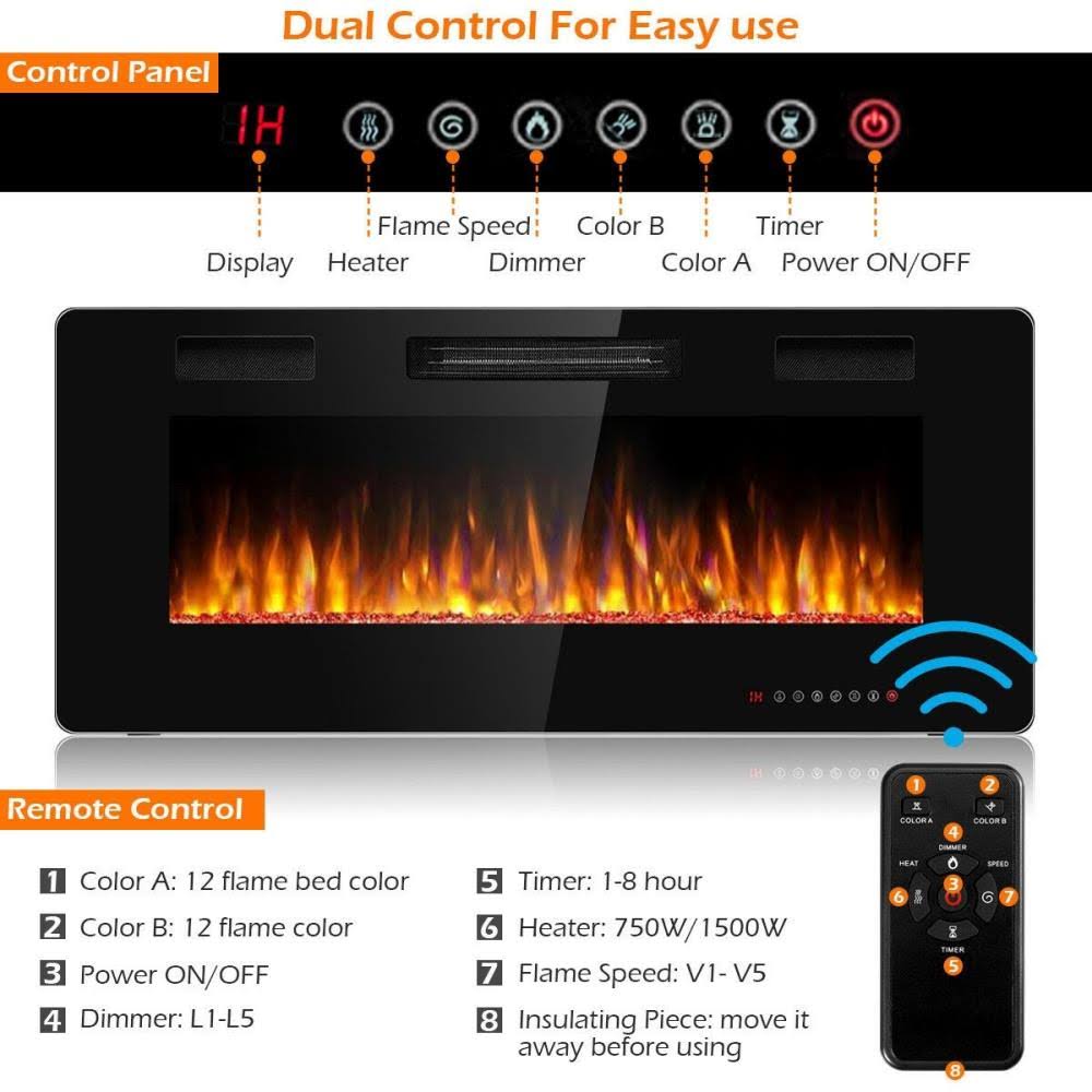 42x22 Black Recessed Wall Mounted Electric Fireplace X643
