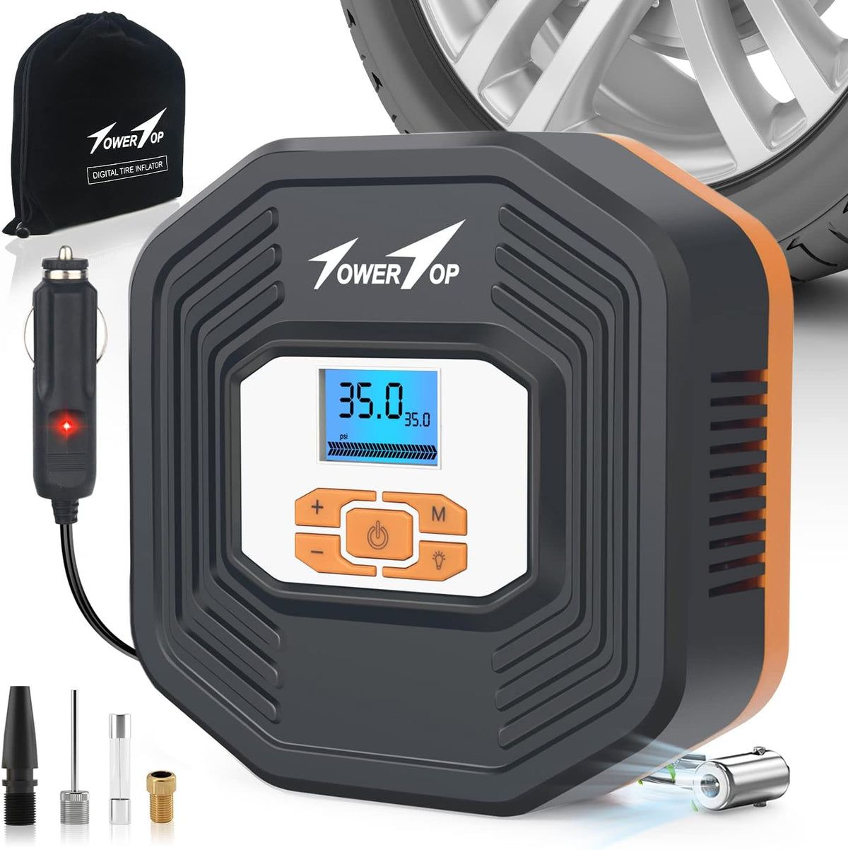 Portable 12V DC Air Pump Tire Inflator with Digital Pressure Gauge, LED Emergency Lights, Pack of 2 J70407