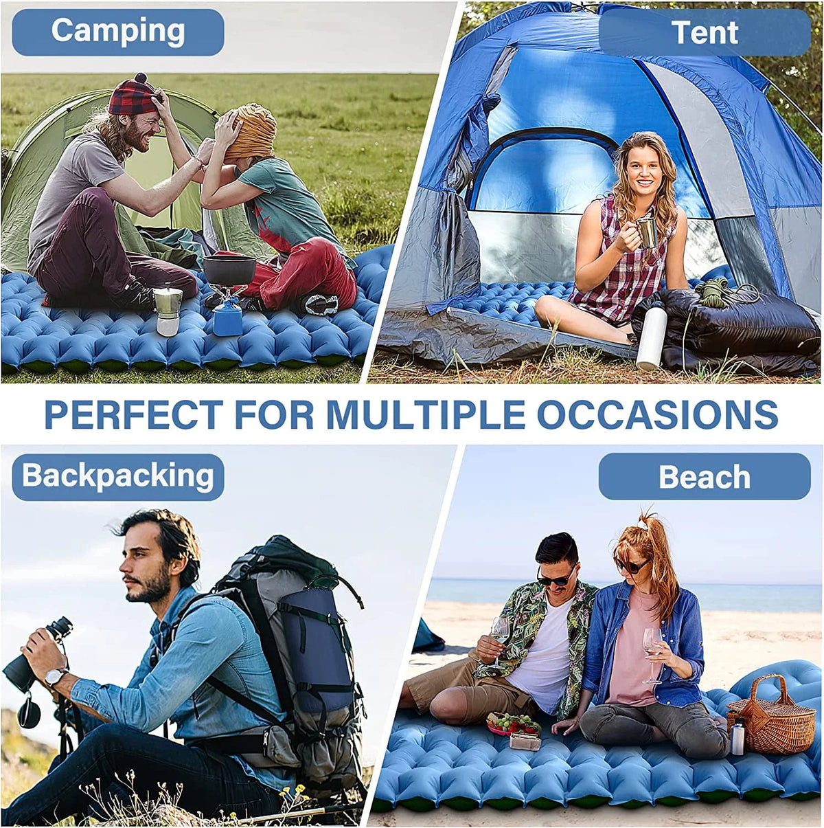 Double Camping Sleeping Pad 4 Extra-Thick 2 Person with Pillow Inflatable Mat O364770