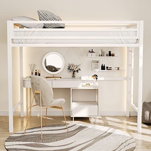 Metal Loft Bed Twin Size with Guardrail and Ladder Cream White V7093